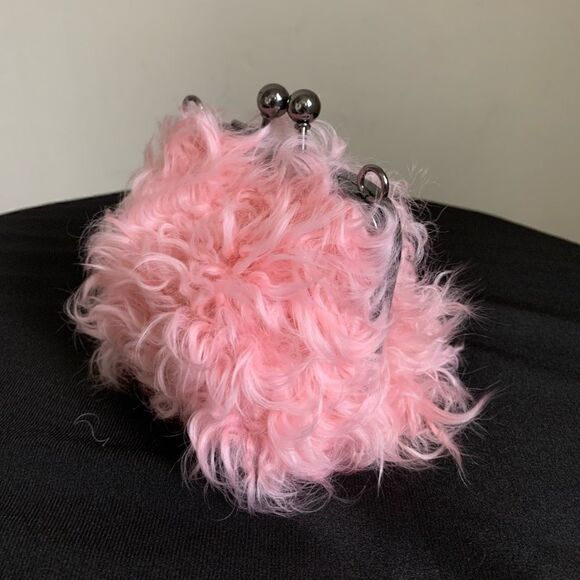 Pink Real Shearling Handmade Kisslock Mini Clutch, Coin Pouch, Crossbody - Picture 5 of 11